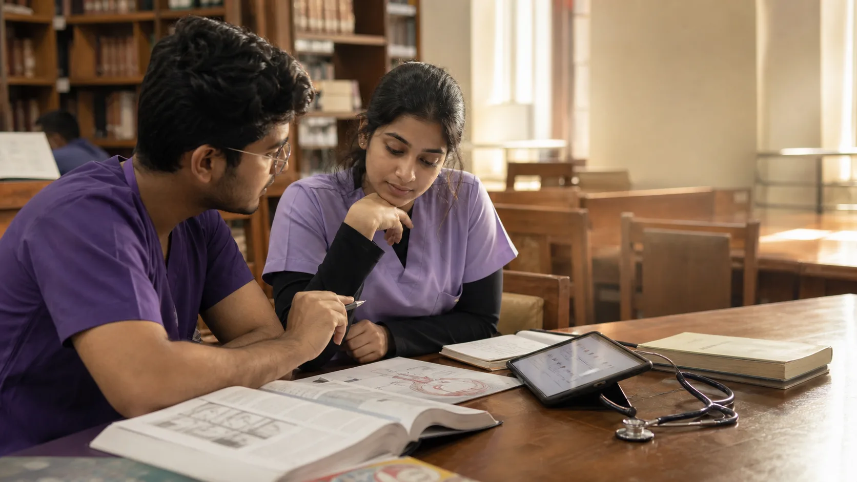 Two Indian medical students working through a clinical topic together